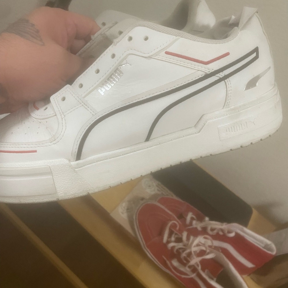 Puma White Sneakers with Black and Red Details